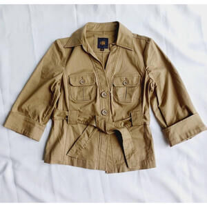 OBR Cropped Trench Coat Women Sz M 3/4 Sleeves Belt Chest Pocket Outback Red Tan